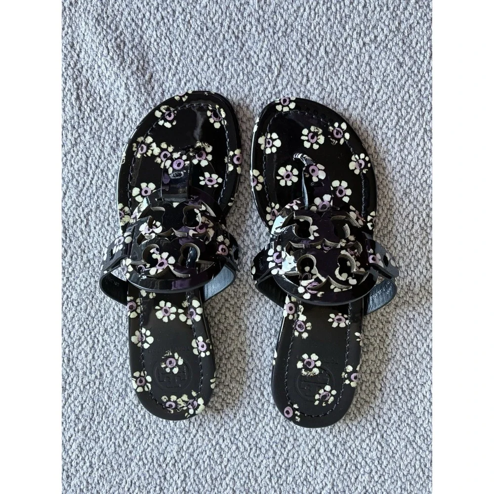 Tory Burch Miller Floral Patent Sandals Black Pink Women Size 4.5 M EU 35.5 - Picture 8 of 13